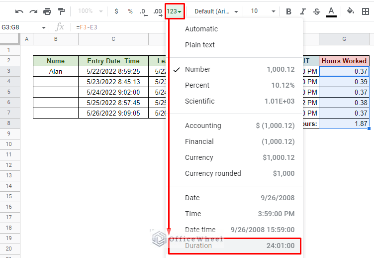 selecting the duration format for our hours worked